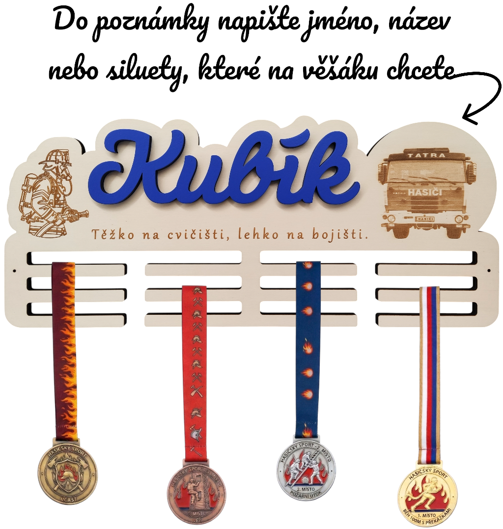 Věšák na medaile s gravírovanou fotografií – fotka na dřevo, barevné jméno a gravírované motto